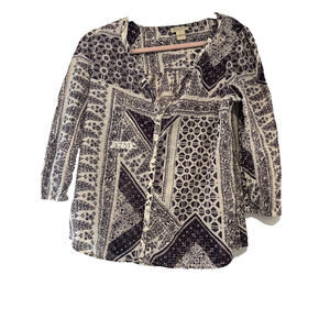 Lucky Brand sz M 3/4 sleeve hippie boho brownish/purple floral blouse #3252